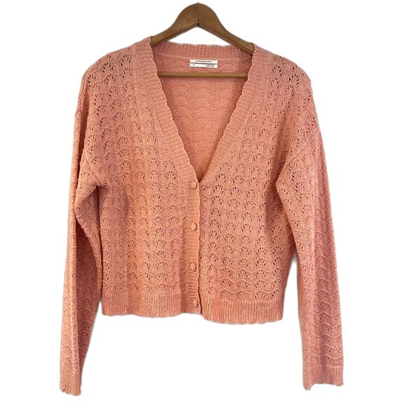 Anthropologie Pink Crochet Cardigan Sweater Button Front Medium - Picture 3 of 8